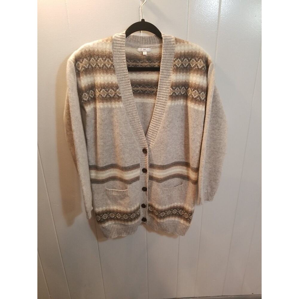 Gap Women's Gray Fair Isles‎ Nordic Lambs Wool Blend Cardigan Sweater Size Large
